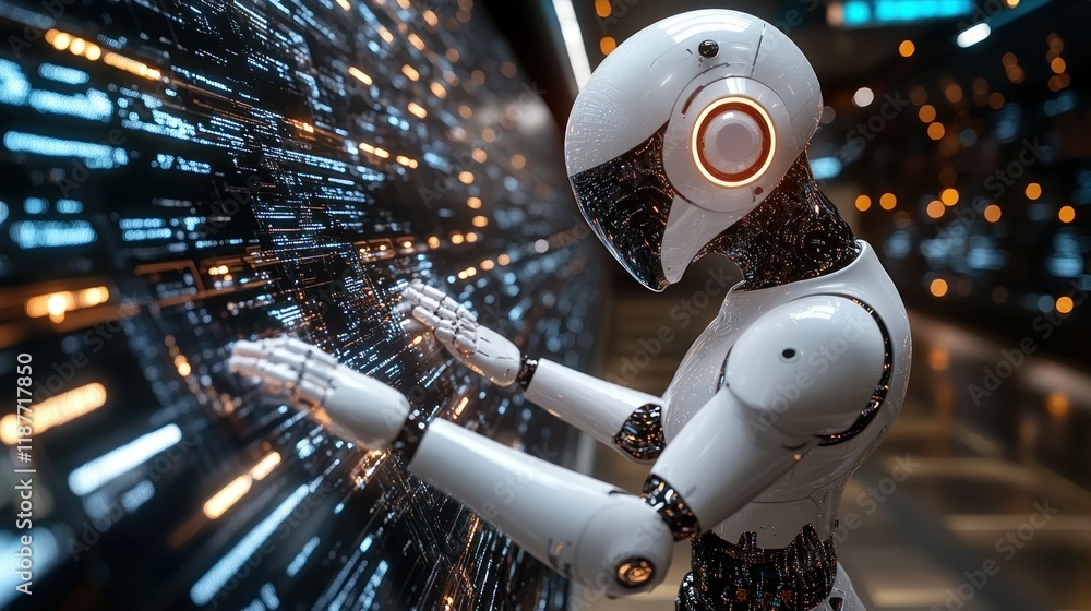Poster futuristic robot engaging with digital interface in advanced corridor