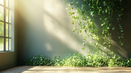 Modern interior decor with a hanging plant on a standing floor light, blending greenery and minimalistic design for a cozy and stylish home environment.