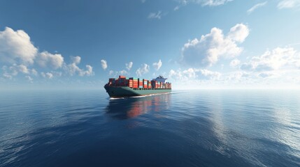 Container Ship Sailing on Calm Ocean Waters Under a Sunny Sky A Majestic View of International Cargo Transportation