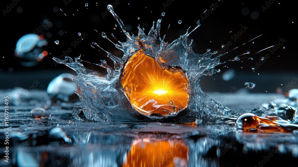 Poster dynamic splash of liquid with fiery core on reflective surface