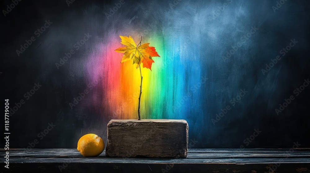 Poster vibrant autumn leaf display with prism effect in a studio setting