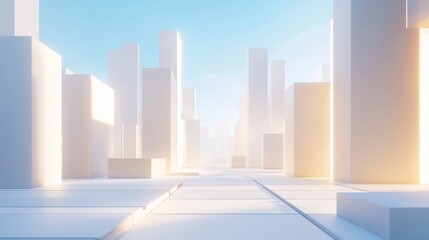 Bright futuristic city skyline with white buildings and sunlit pathway.