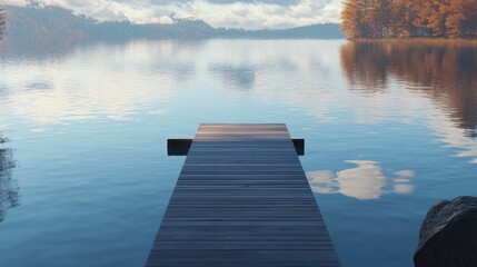 Fototapeta premium Serene Autumn Lake with Wooden Dock