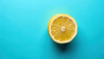 A single lemon half with a burst of juice on a bright cyan background, food item