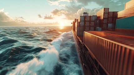 Cargo ship sailing on stormy sea at sunset.