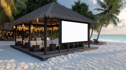 Obraz premium Tropical beach hut with blank screen for advertisement, showcasing luxurious seating and ocean view at sunset.