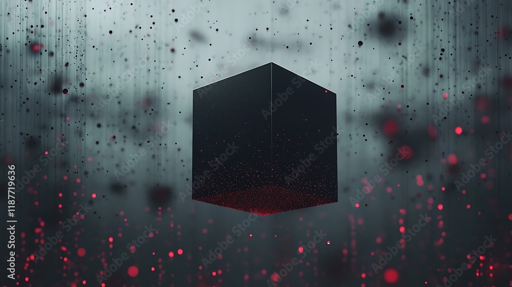 Poster a sleek floating 3d cube and box surrounded by shimmering digital dots and particles, set against a 