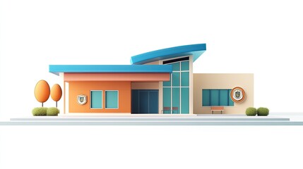 Modern, colorful building with a curved roof, large windows, and small landscaping.  Clean design, isolated on white.