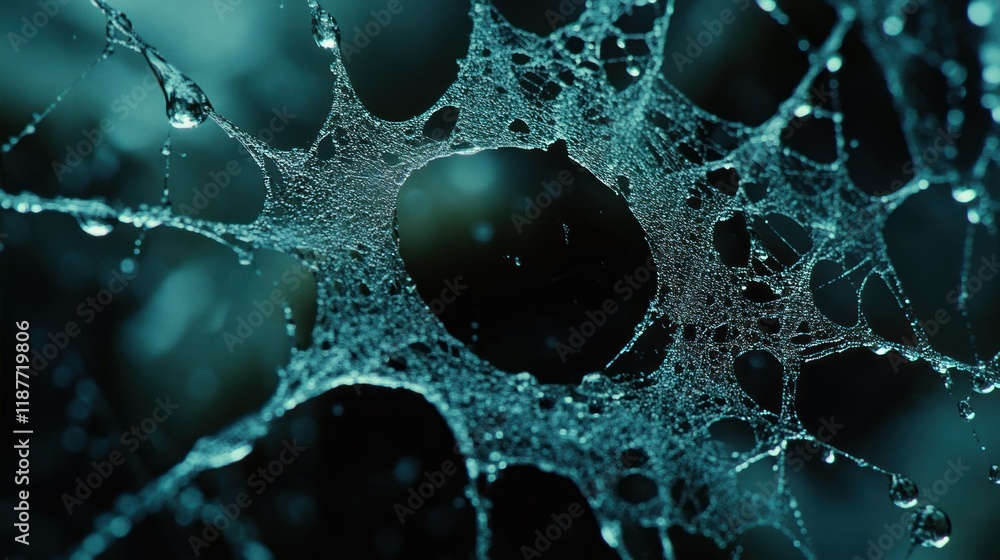 Poster Intricate Spider Web with Dew Drops in a Forest Setting