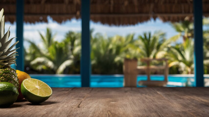 Obraz premium Tropical fruits on a wooden table with a blurred background of a swimming pool and palm trees.