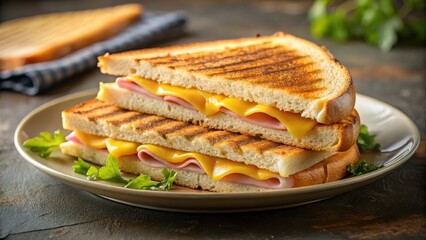 D?licieux sandwich grilled ham and cheese displayed on a plate , plate, dining table,  plate