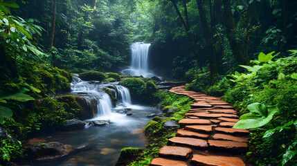 Obraz premium Photo - Enchanting Rainforest Waterfall and Stone Path Landscape