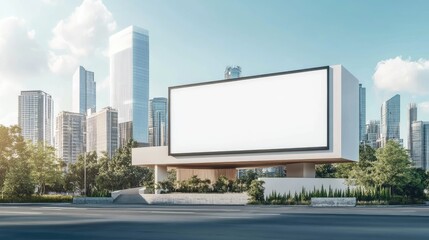 Obraz premium Blank billboard on a modern building in a city with skyscrapers and green spaces.