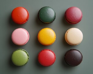 Obraz premium Nine colorful macarons arranged in a grid on a green background.