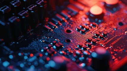 Fototapeta premium Close-Up of a Circuit Board with Glowing Red and Blue Lights