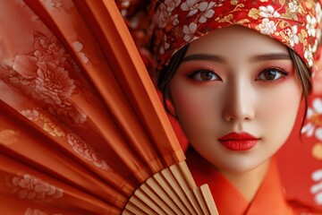 Young asian female in traditional red attire with floral patterns holding fan
