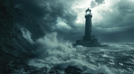 Dramatic Lighthouse on Rocky Coast with Stormy Sky and Waves