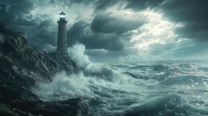 Dramatic Lighthouse on Rocky Coast During Stormy Weather at Dusk