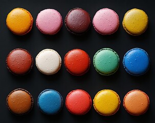 Obraz premium Colorful macarons arranged on black background.