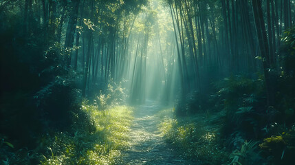 Fototapeta premium Enchanted Bamboo Forest Photo - Mystical Path, Sunbeams, Green Serenity