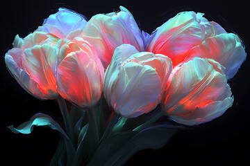 A glowing bouquet of tulips with abstract digital petals, symbolizing spring and beauty