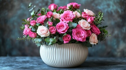 Elegant ceramic vase with pink and white roses, greenery, and ribbed modern design. A romantic floral bouquet, perfect for Valentine's Day gift or stylish decor, isolated on a white background.