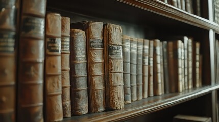 Naklejka premium Vintage Leather-Bound Books on a Wooden Shelf in a Library