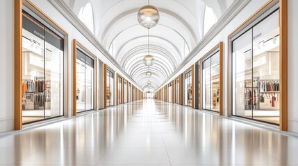 Luxurious shopping arcade interior with high ceilings, arched architecture, and sleek modern storefronts.