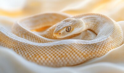 Fototapeta premium Albino snake coiled on silk, sunlit background