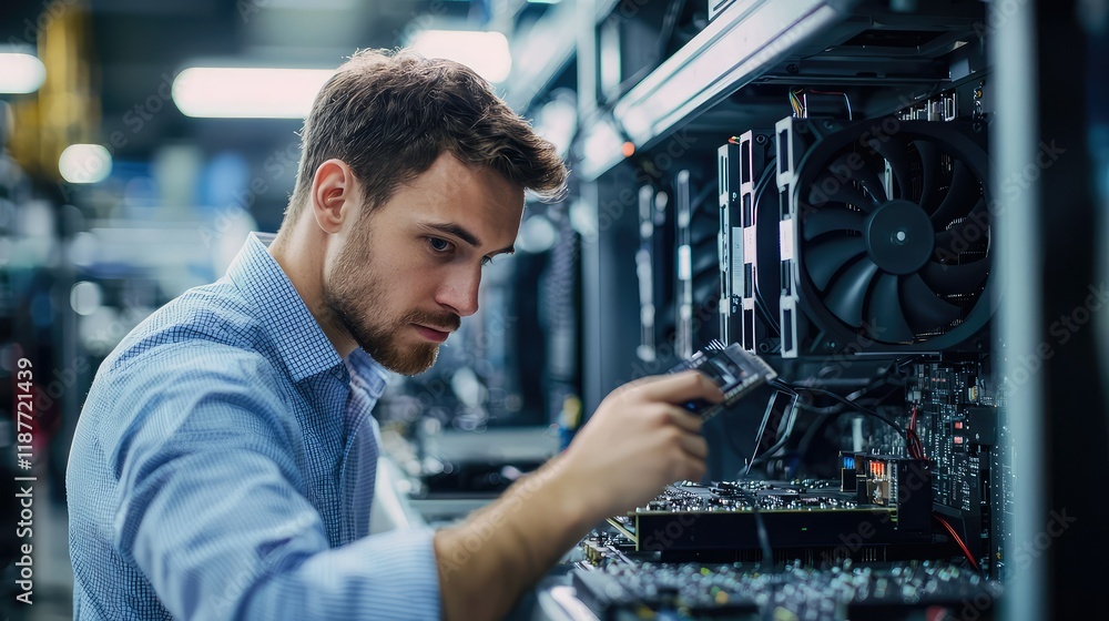 Poster man assembling computer components in modern technology workshop