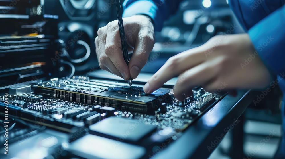 Poster close-up of technician assembling computer hardware in workshop