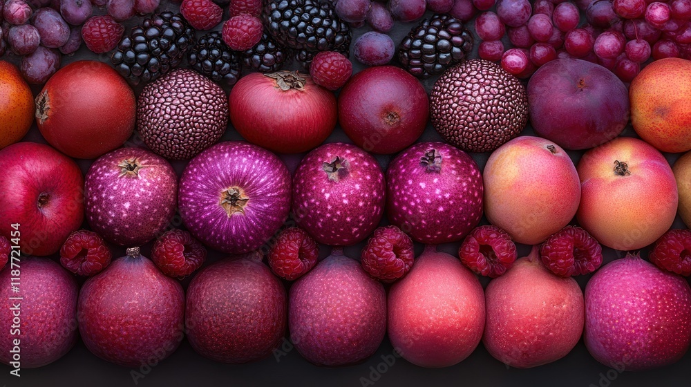 Poster vibrant array of red and purple fruits in a symmetrical display