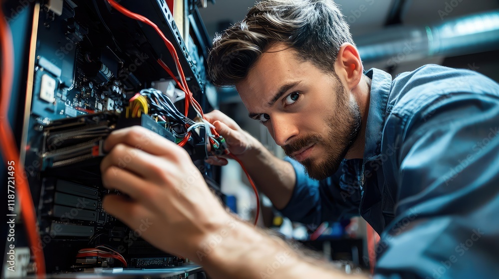 Poster focused technician working on computer hardware in server room