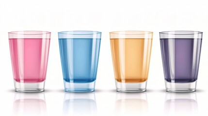 Isolated Glasses of Water in Various Colors on Clean Background