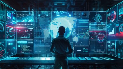 Ai Businessman working with modern interface Business analytics Big data technology and data science. Data flow concept.Business computing digital composite.