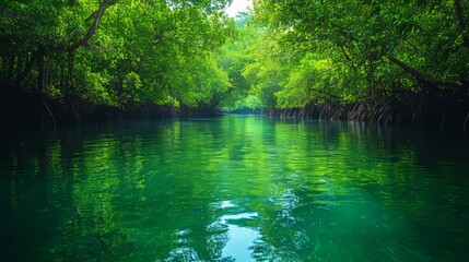 Obraz premium Lush green mangrove forest reflected in serene river under bright sunlight