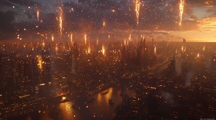 Fototapeta premium Stunning Aerial View of a City Skyline Illuminated by Sparkling Fireworks Against a Dramatic Sunset Sky, Perfect for Celebratory Themes and Urban Landscapes