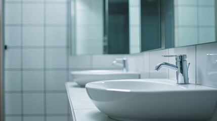 Modern bathroom interior with double white sinks and chrome faucets