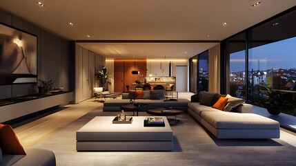 A sleek modern living room featuring a smart lighting system that automatically adjusts colors and brightness according to the time of day and personal preferences, creating the perfect ambiance