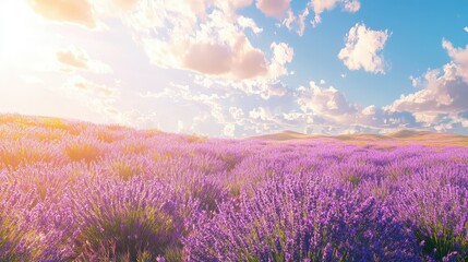 Fototapeta premium Vibrant Lavender Fields Under a Blue Sky with Fluffy Clouds