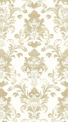 Obraz premium The image features a luxurious, golden damask pattern on a white background, with intricate floral designs and swirling motifs