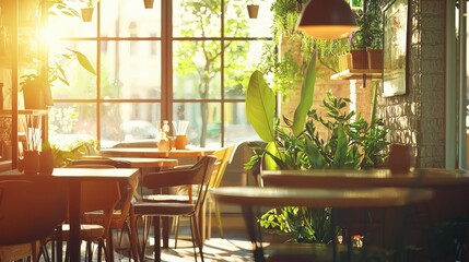 Cozy Cafe Interior with Natural Light and Green Plants