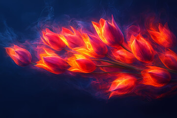 A glowing bouquet of tulips with abstract digital petals, symbolizing spring and beauty