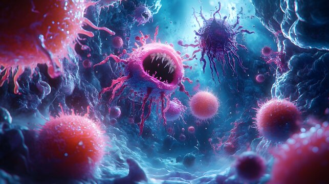 A Dramatic Exploration of Mysophobia with Vivid Illustrations of Exaggerated Microorganisms and Fearful Elements