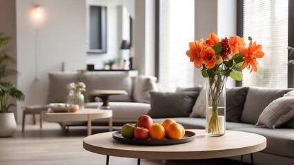 The interior of a contemporary, well-lit apartment with a fruit disc on the table in the morning and a flower vase and candles