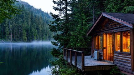Fototapeta premium Quiet Lakeside Mountain Cabin. Dawn mist rising from lake, deck view. Secluded & peaceful retreat. Tranquil mountain lake cabin scene