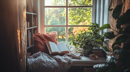 Fototapeta premium Cozy Reading Nook with Open Book and Warm Natural Light