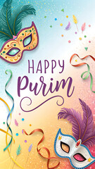 Festive Purim card featuring colorful masks, ribbons, and confetti with cursive text "Happy Purim" on a vibrant gradient background, perfect for holiday celebrations and decorative designs.