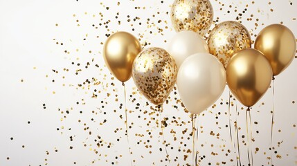 Elegant white and gold balloons floating in minimalist party celebration scene