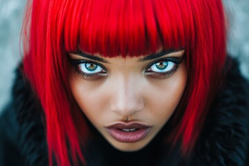 Obraz premium Short trim - red hair. Commercial ad visual idea. Stunning very amazed black girl - for ads, billboard ad and online promotion use. Commercial black model. Black elegance portrait.